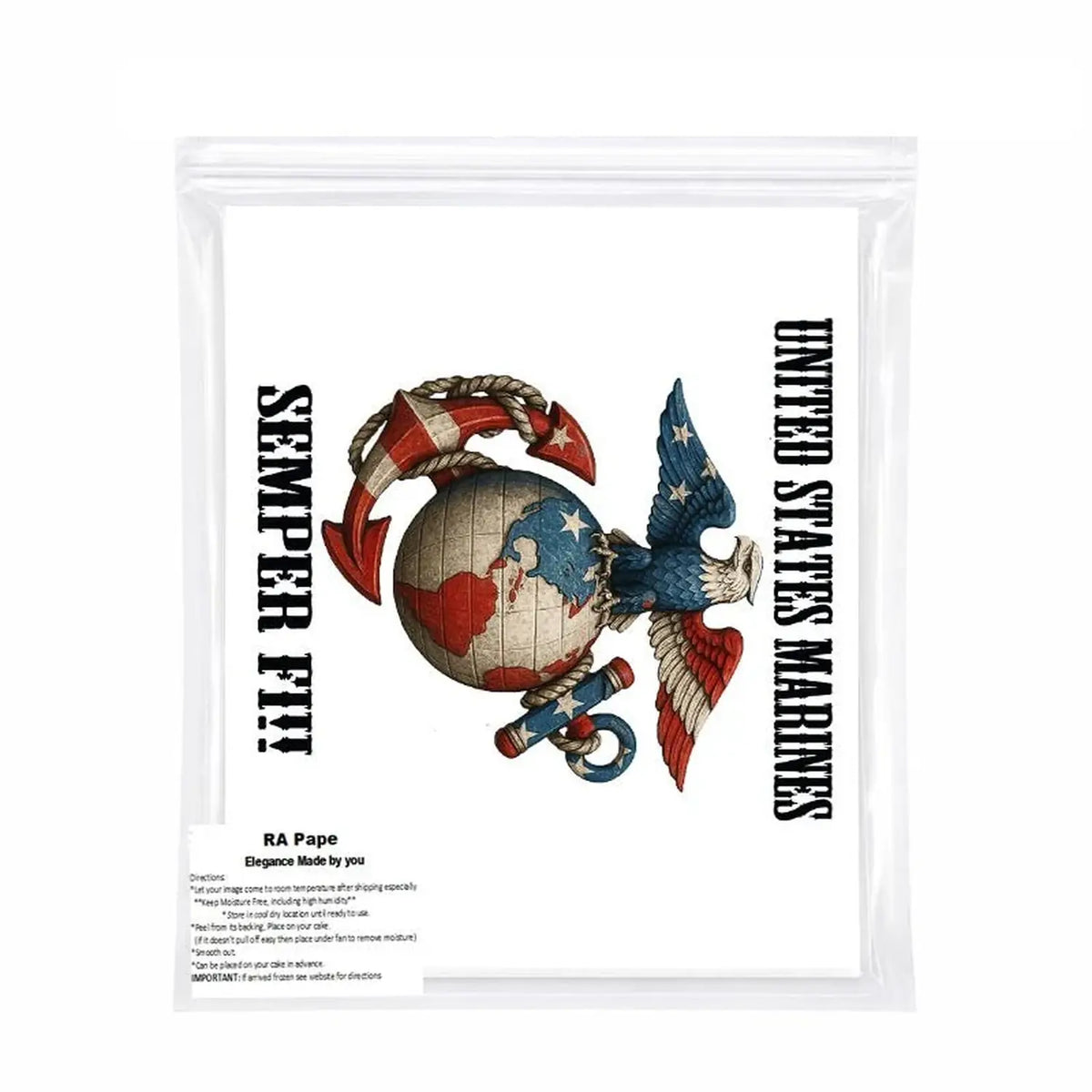 USMC Marine Semper Fi Edible Icing Sheet Cake Topper packaged sheet topper.