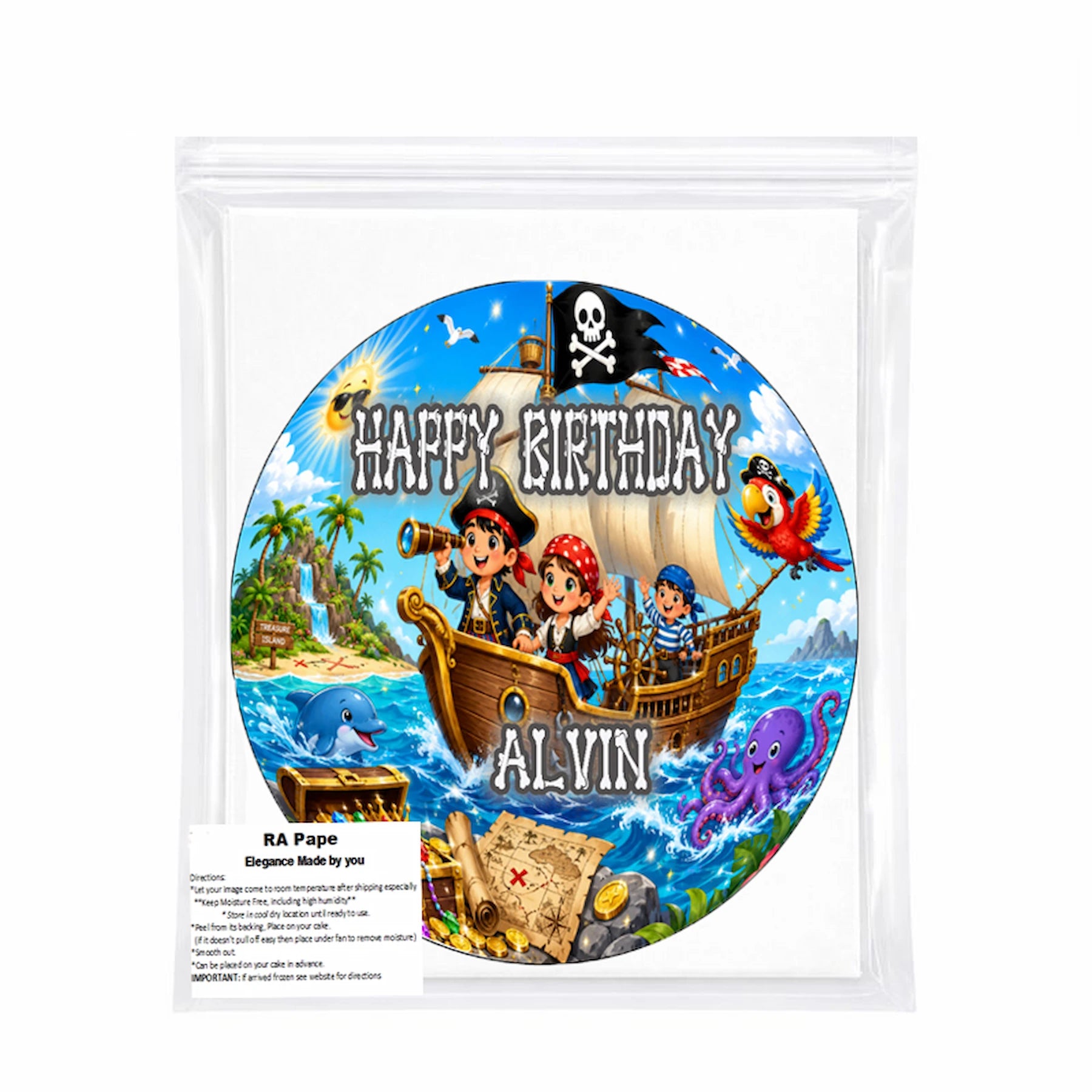 We send you 1 Custom Edible Image Cake Topper - Pirate Treasure Adventure - Precut 8 " Icing Sheet - RA Pape sealed in a bag