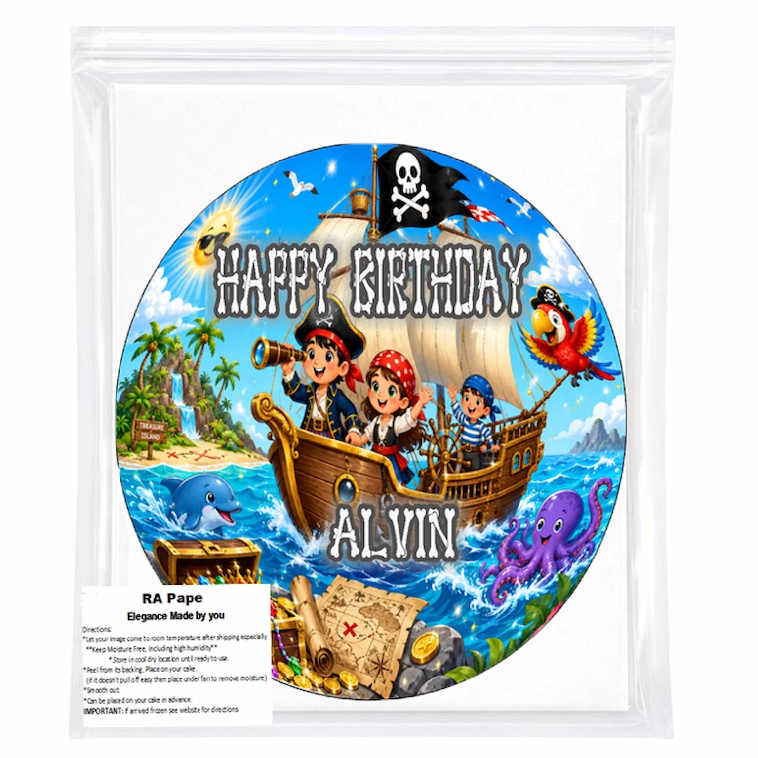 We send you 1 Pirate Treasure Birthday Adventure Edible Image Cake Topper - Precut 8" Icing Sheet sealed in a bag