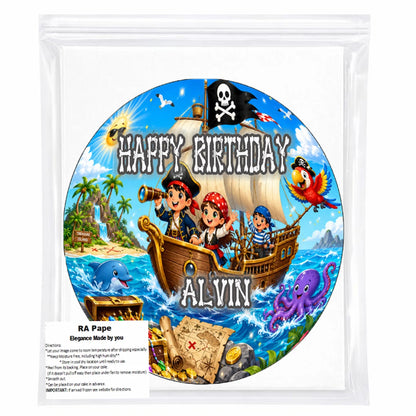 We send you 1 Pirate Treasure Birthday Adventure Edible Image Cake Topper - Precut 8" Icing Sheet sealed in a bag