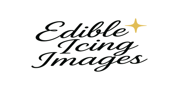 Logo of Edible Icing Images with decorative text and a star on a white background