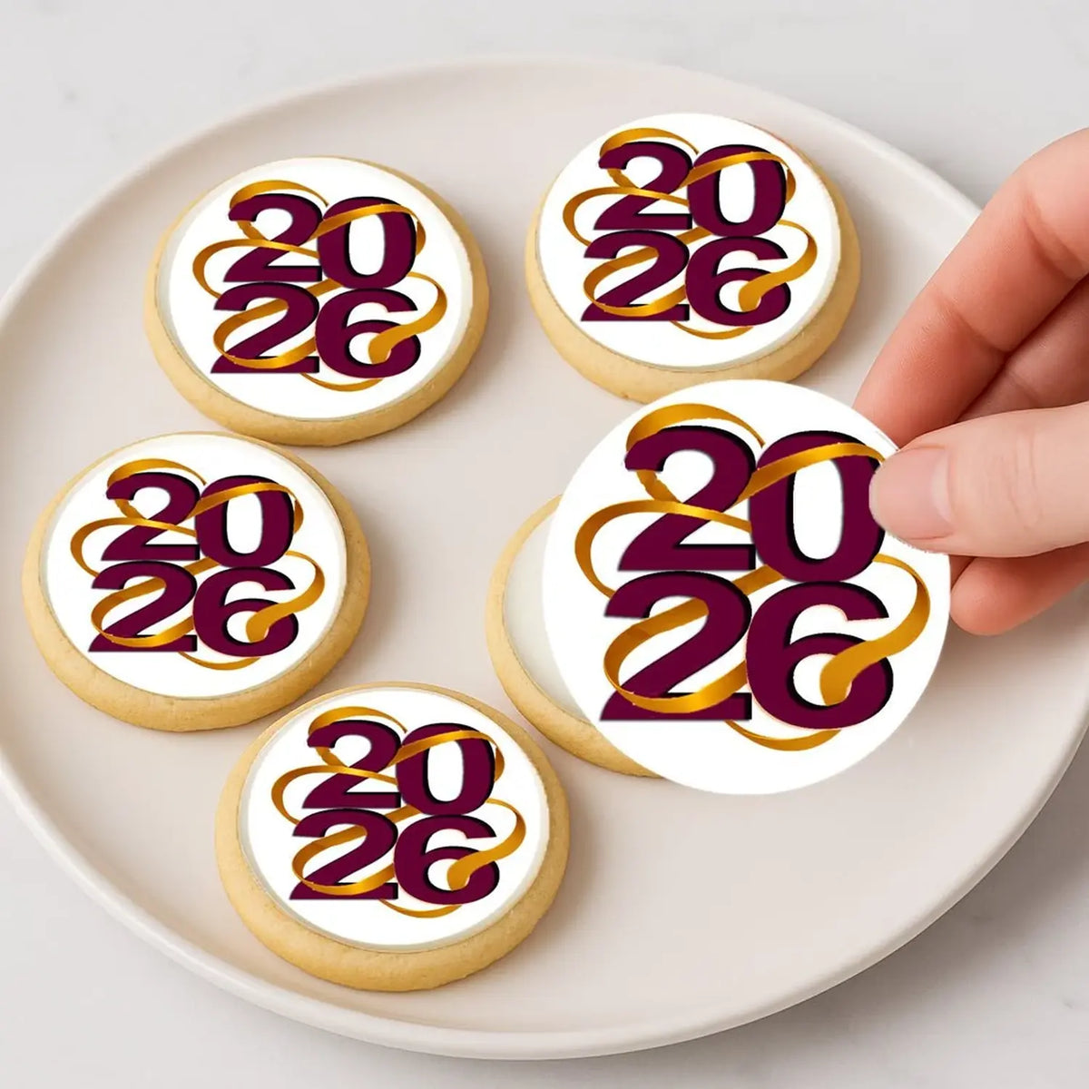New Year's Edible Icing Cookie & Cupcake Toppers – Winding Ribbon, 20 Precut on decorated cookies.