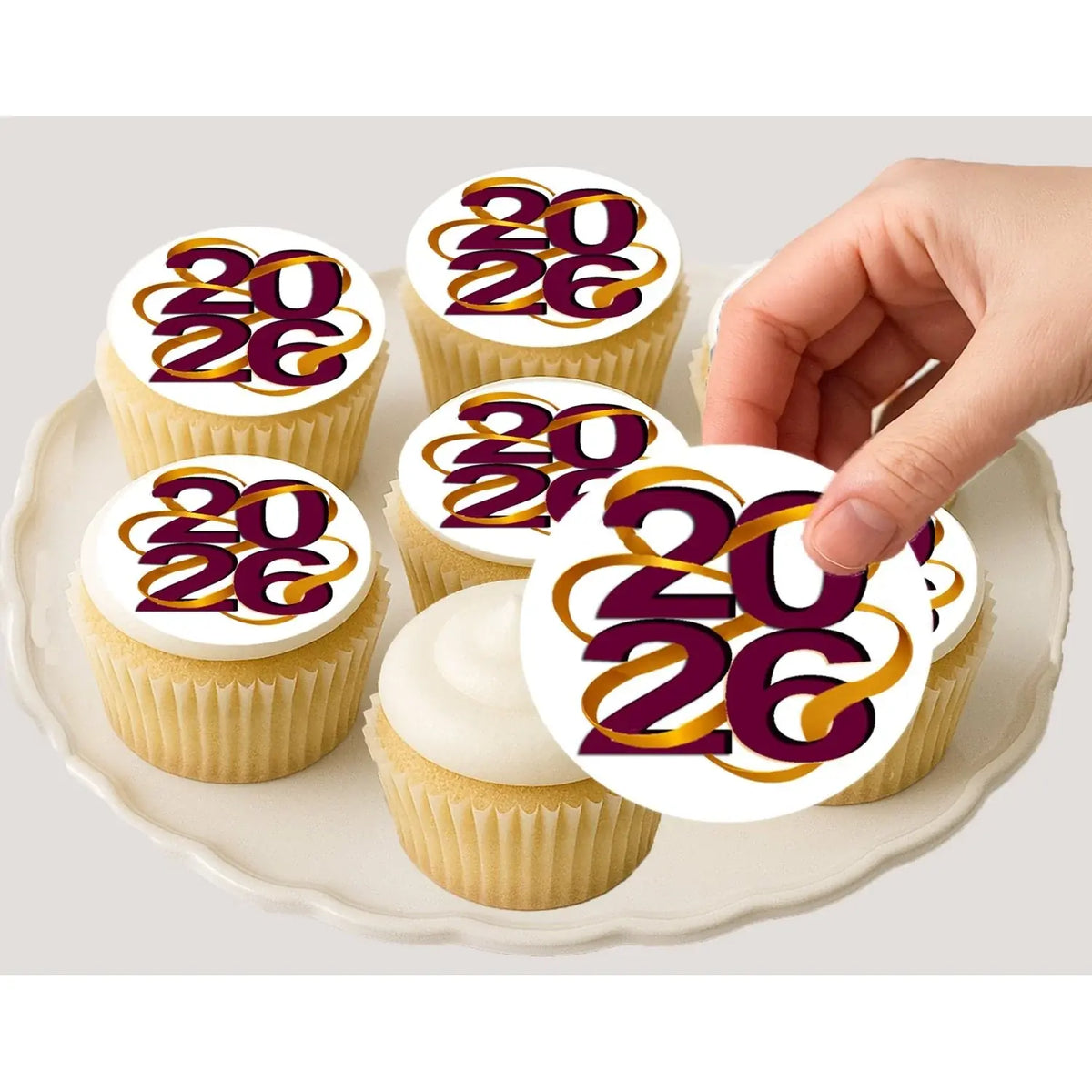 New Year's Edible Icing Cookie & Cupcake Toppers – Winding Ribbon, 20 Precut on decorated cupcakes.